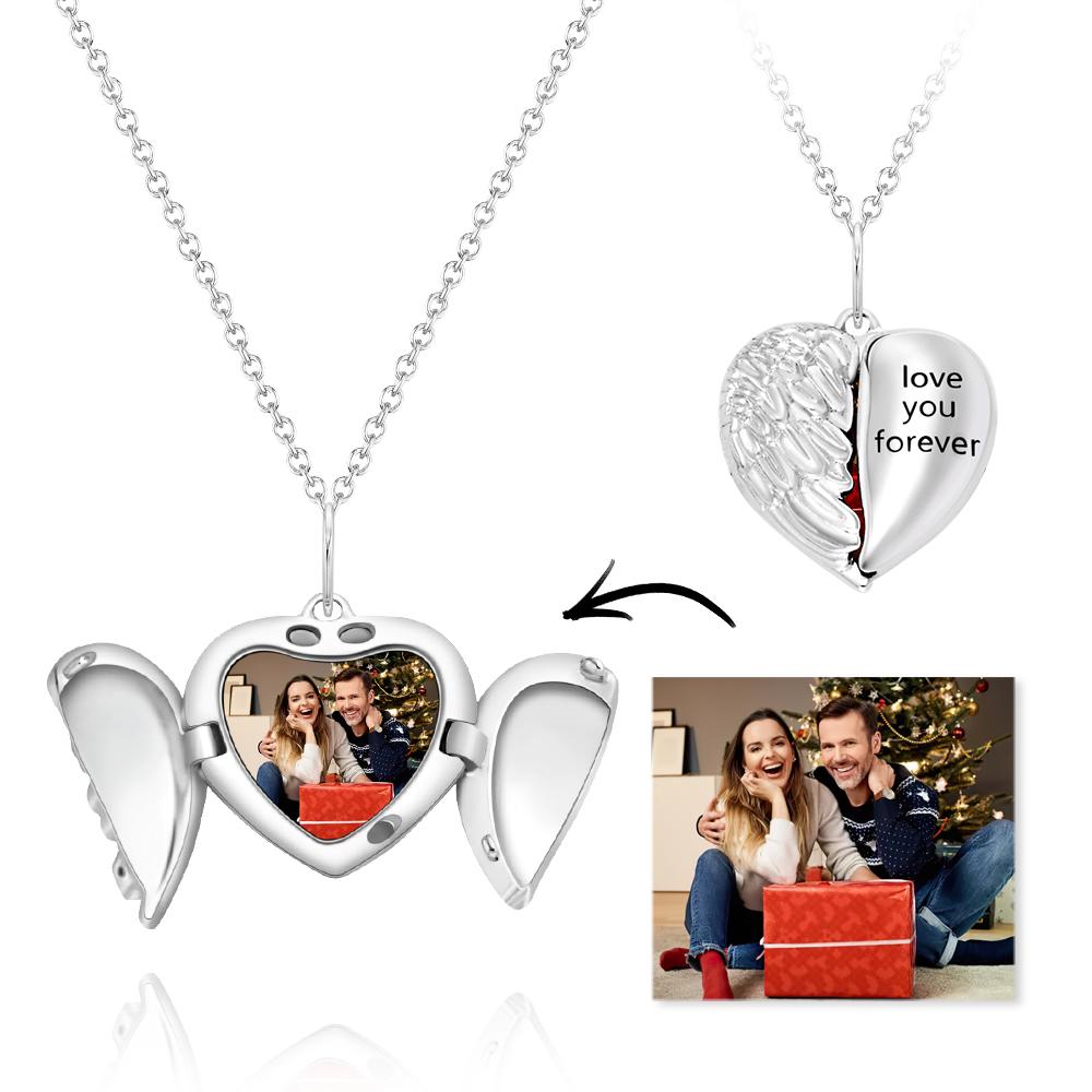 Heart-shaped Flip Angel Wings Pendant Custom Engraved Locket Necklace with Picture